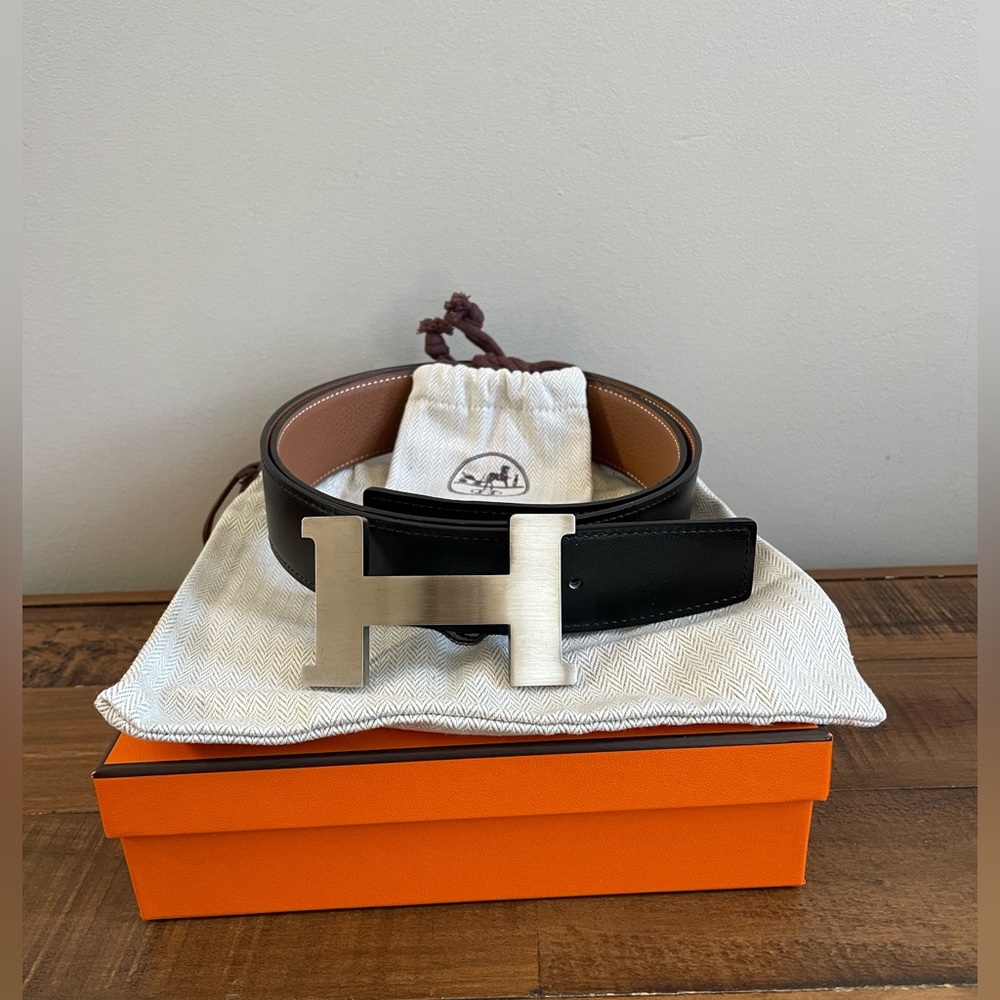 Hermes Mens Gold Togo/Black Box Calf 95cm Constance Belt w/ Brushed PHW Buckle